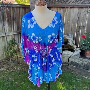 Aloha Fashion Hawaiian Floral Hawaii Batwing Drawstring Waist Coverup One Size